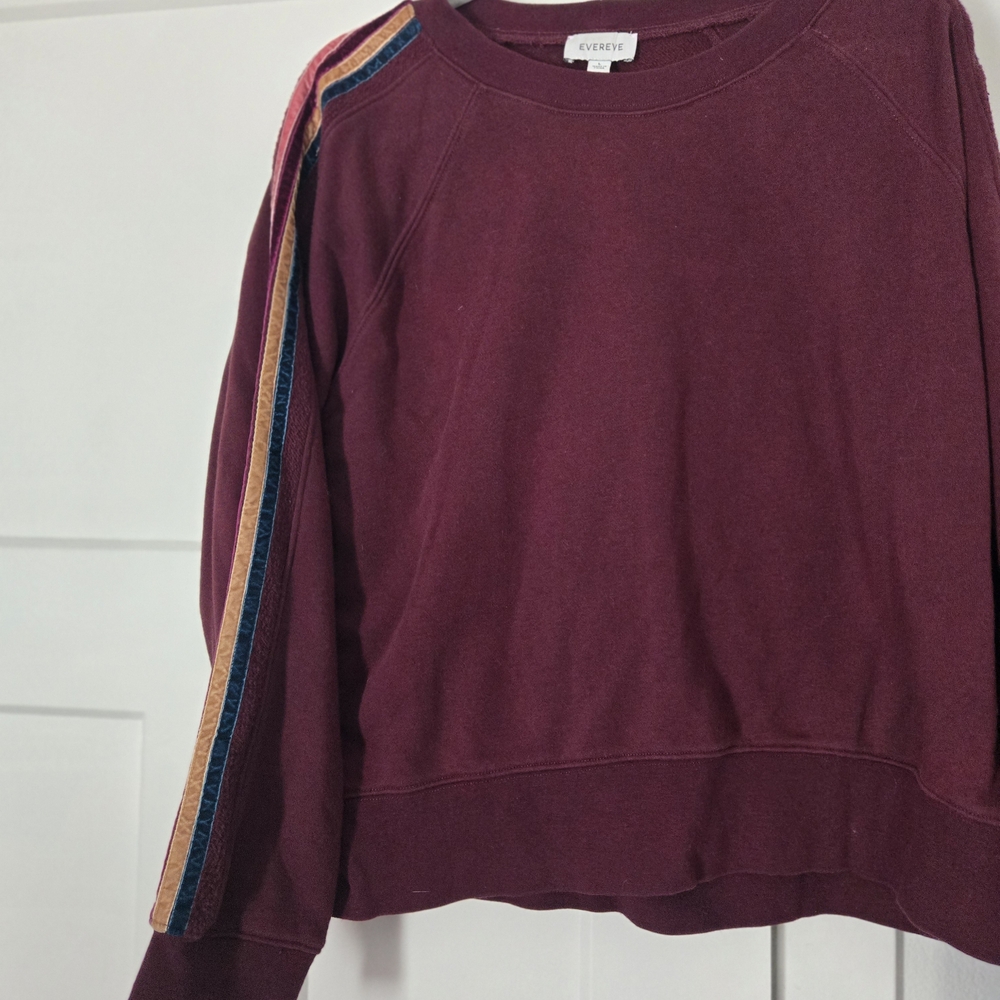 Evereve Maroon Crewneck Sweatshirt with Multi-Stripe Sleeve